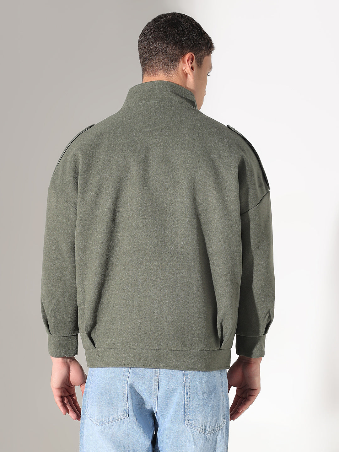 Men's Solid Green Fleece Jacket with Oversized Pockets