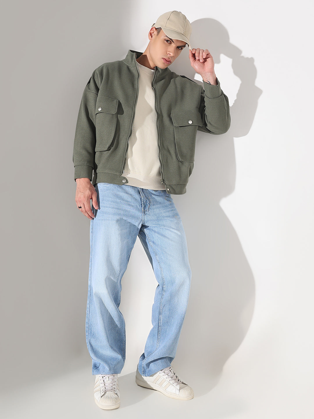 Men's Solid Green Fleece Jacket with Oversized Pockets