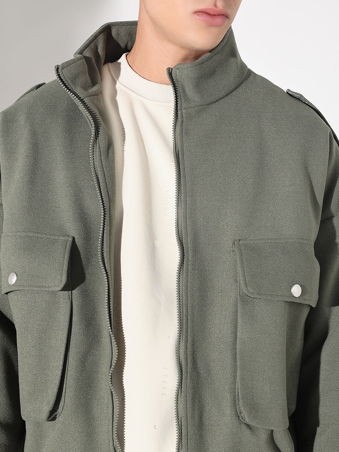 Men's Solid Green Fleece Jacket with Oversized Pockets