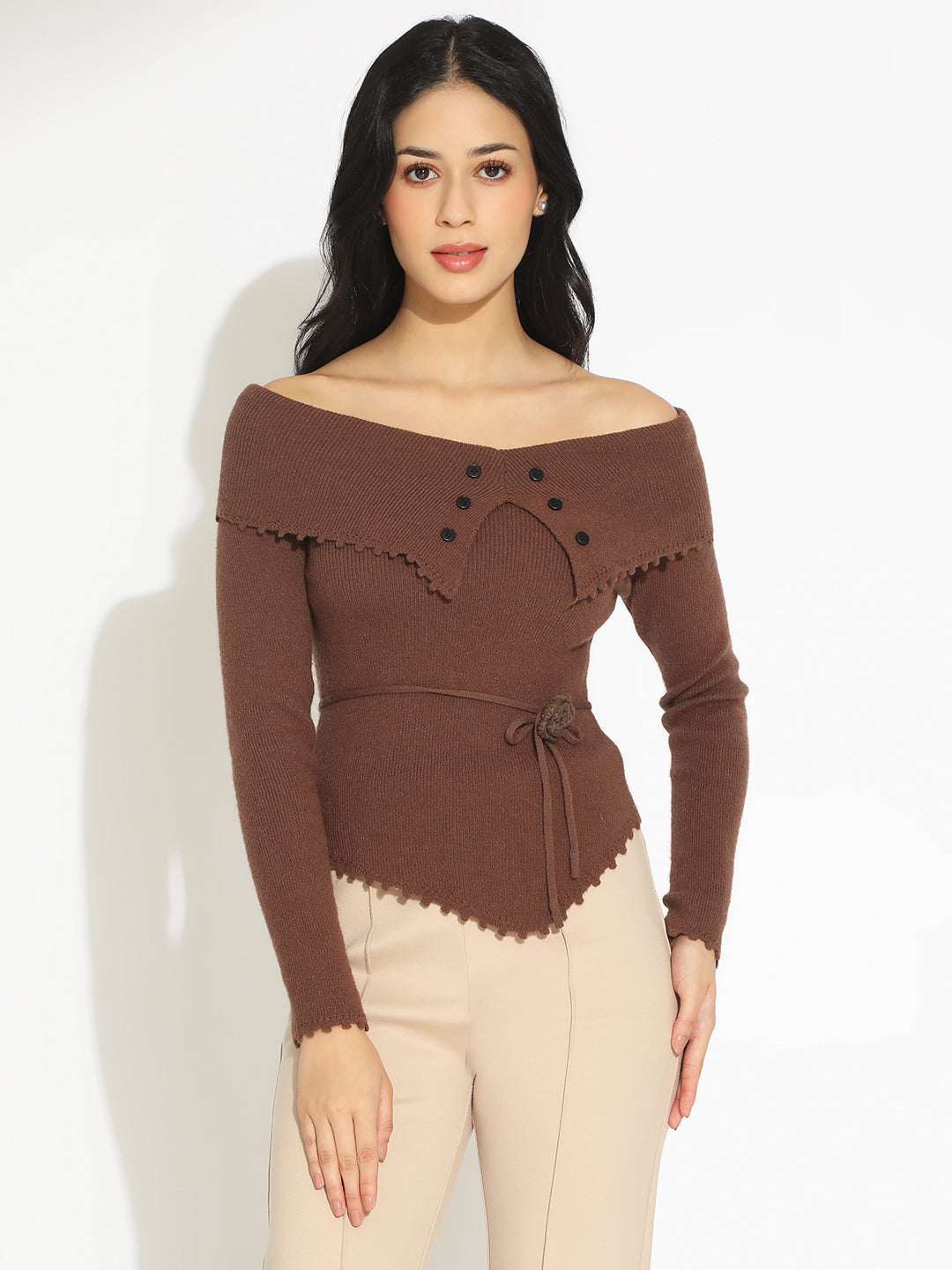 Women's Brown Off Shoulder Knit Top with Waist Tie-Up
