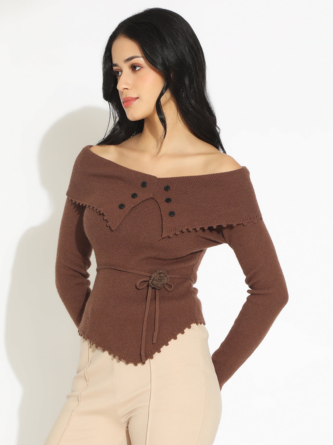 Women's Brown Off Shoulder Knit Top with Waist Tie-Up