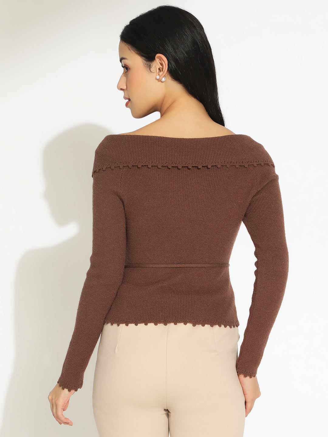 Women's Brown Off Shoulder Knit Top with Waist Tie-Up