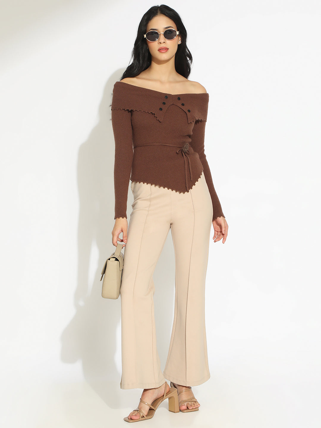Women's Brown Off Shoulder Knit Top with Waist Tie-Up