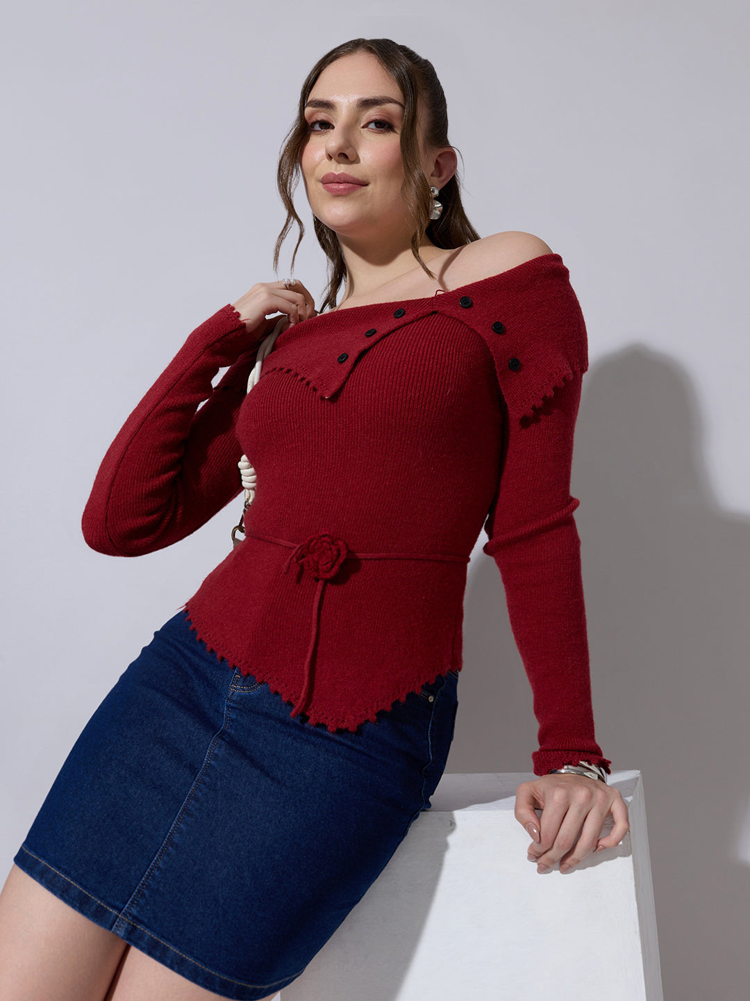 Women's Red Off Shoulder Knit Top with Waist Tie-Up