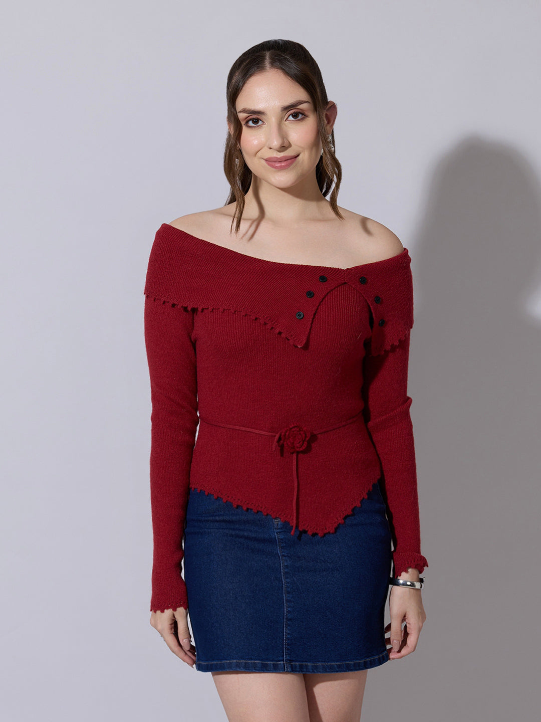 Women's Red Off Shoulder Knit Top with Waist Tie-Up