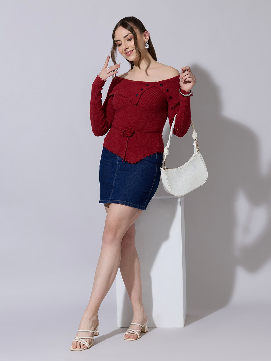 Women's Red Off Shoulder Knit Top with Waist Tie-Up