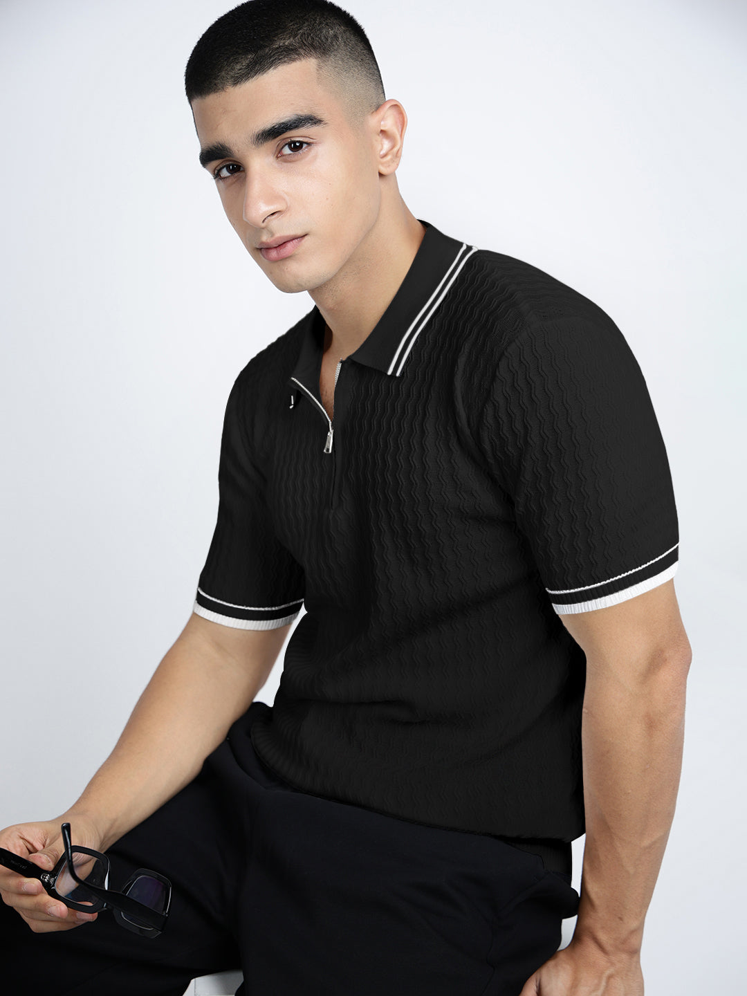 Men’s Textured Black Short Sleeve Polo T-Shirt with Contrast Zip Details