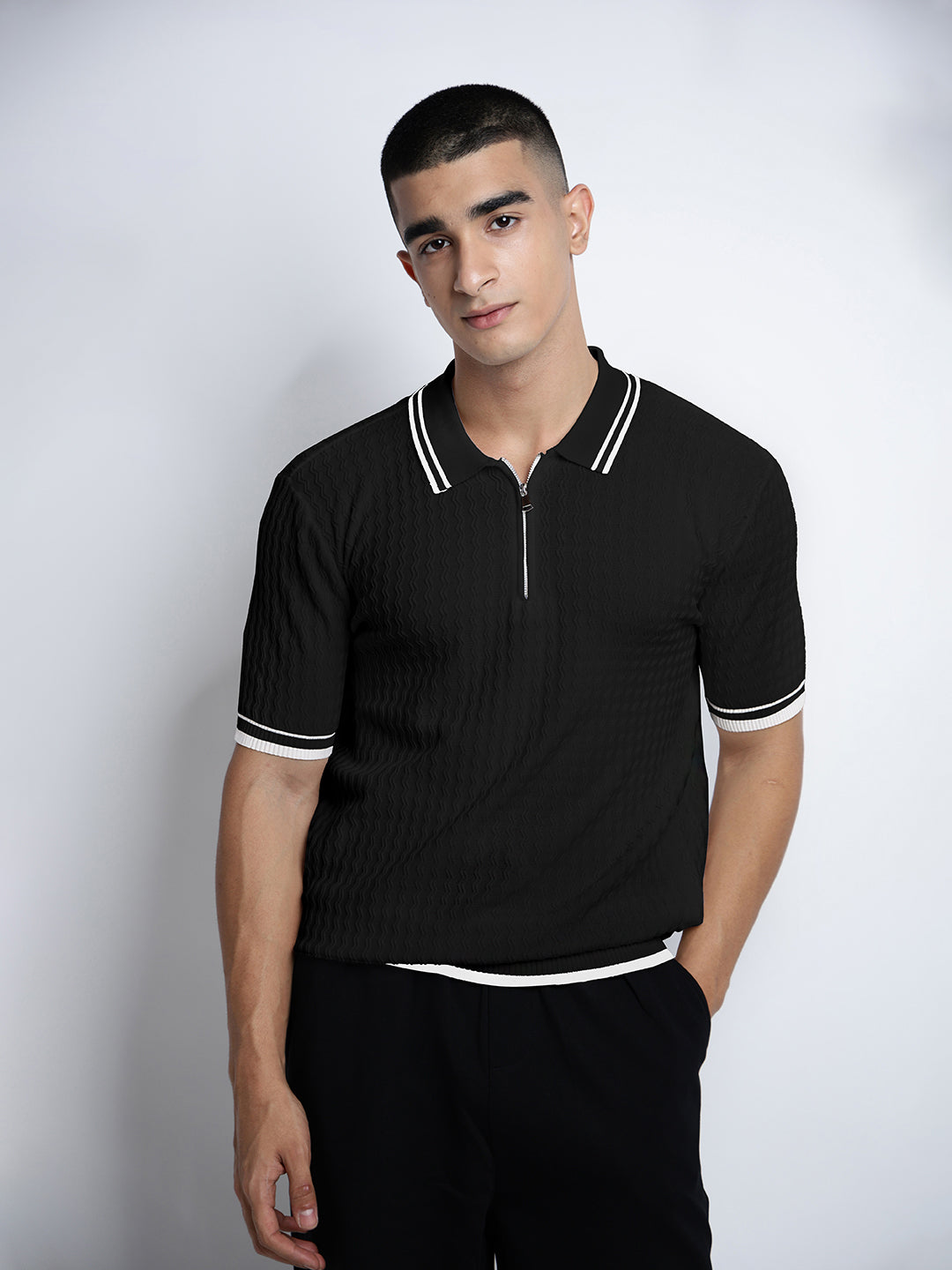 Men’s Textured Black Short Sleeve Polo T-Shirt with Contrast Zip Details