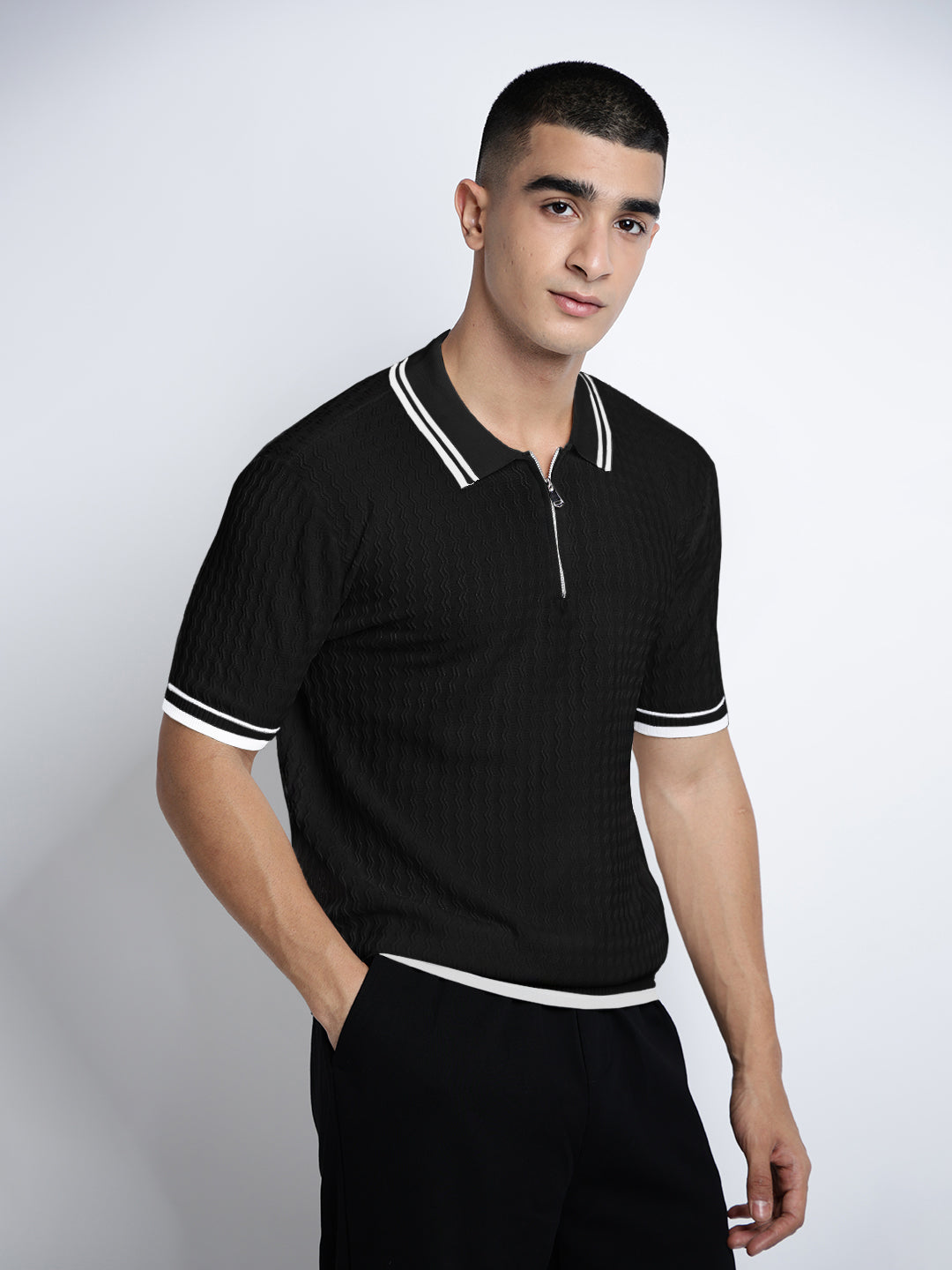 Men’s Textured Black Short Sleeve Polo T-Shirt with Contrast Zip Details