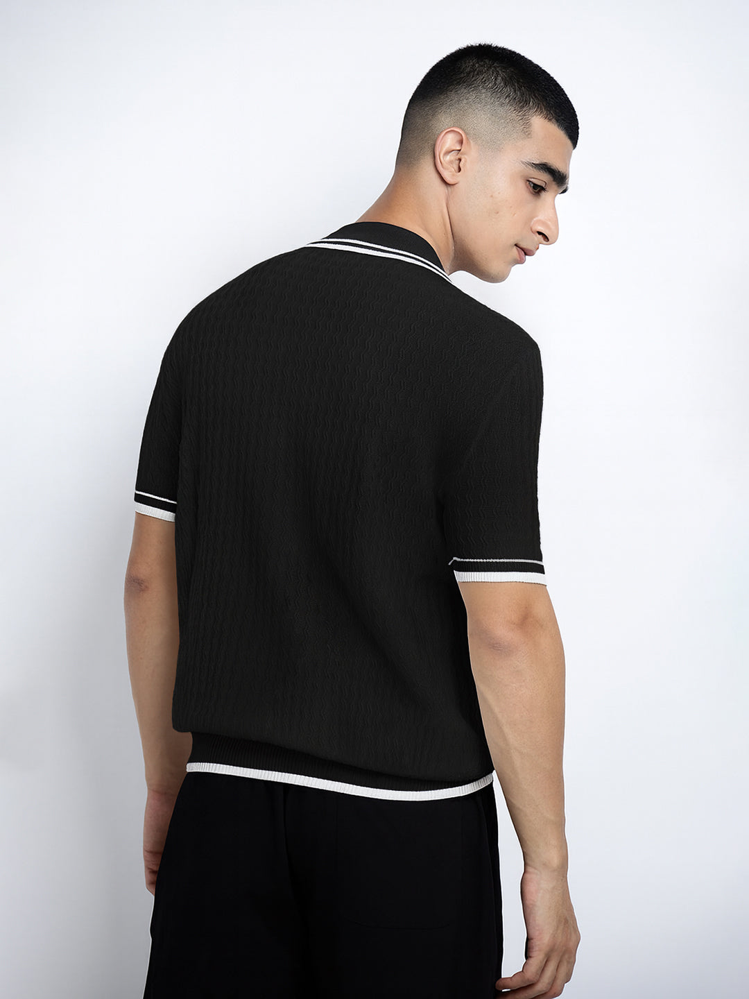 Men’s Textured Black Short Sleeve Polo T-Shirt with Contrast Zip Details
