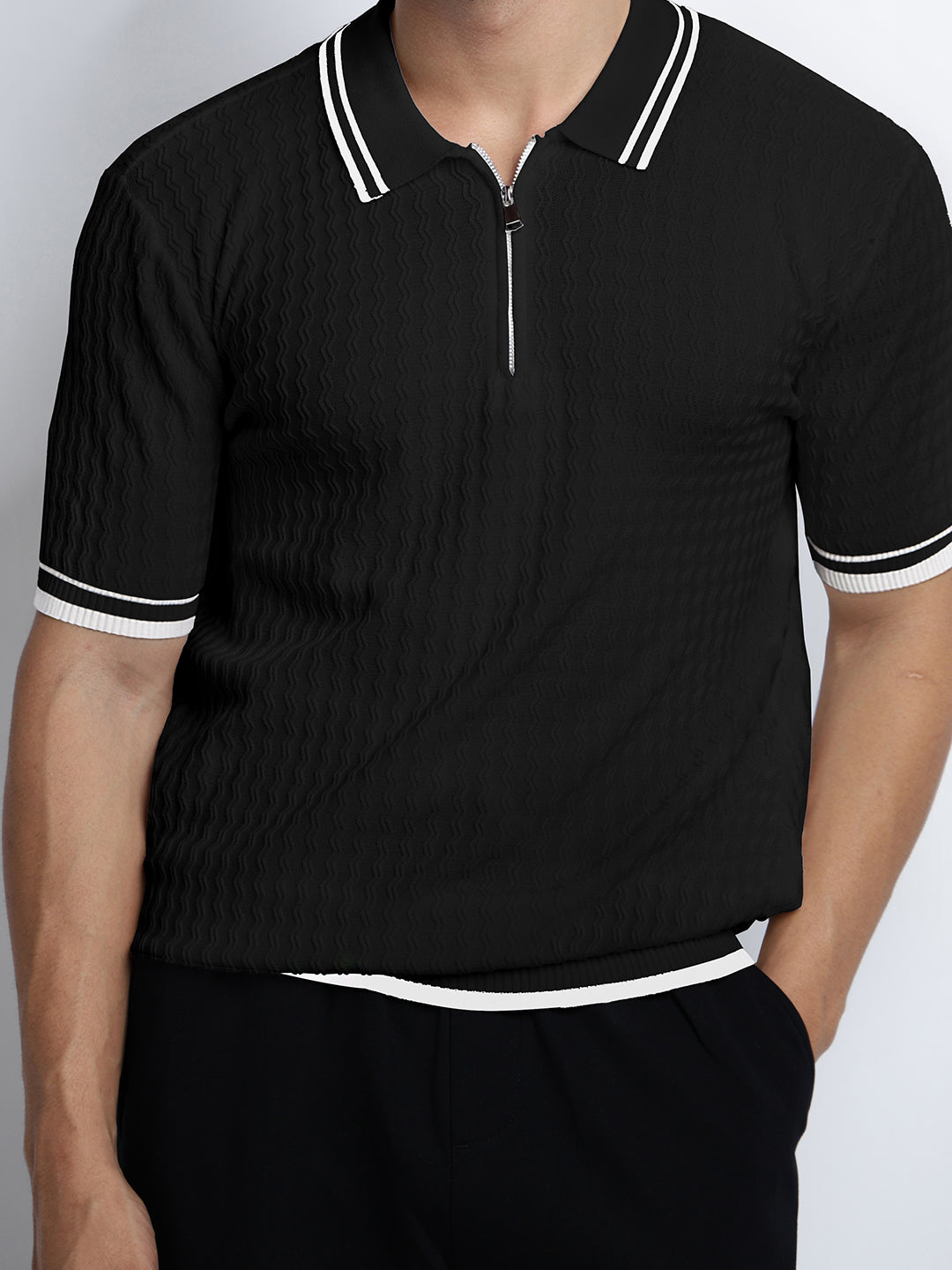 Men’s Textured Black Short Sleeve Polo T-Shirt with Contrast Zip Details