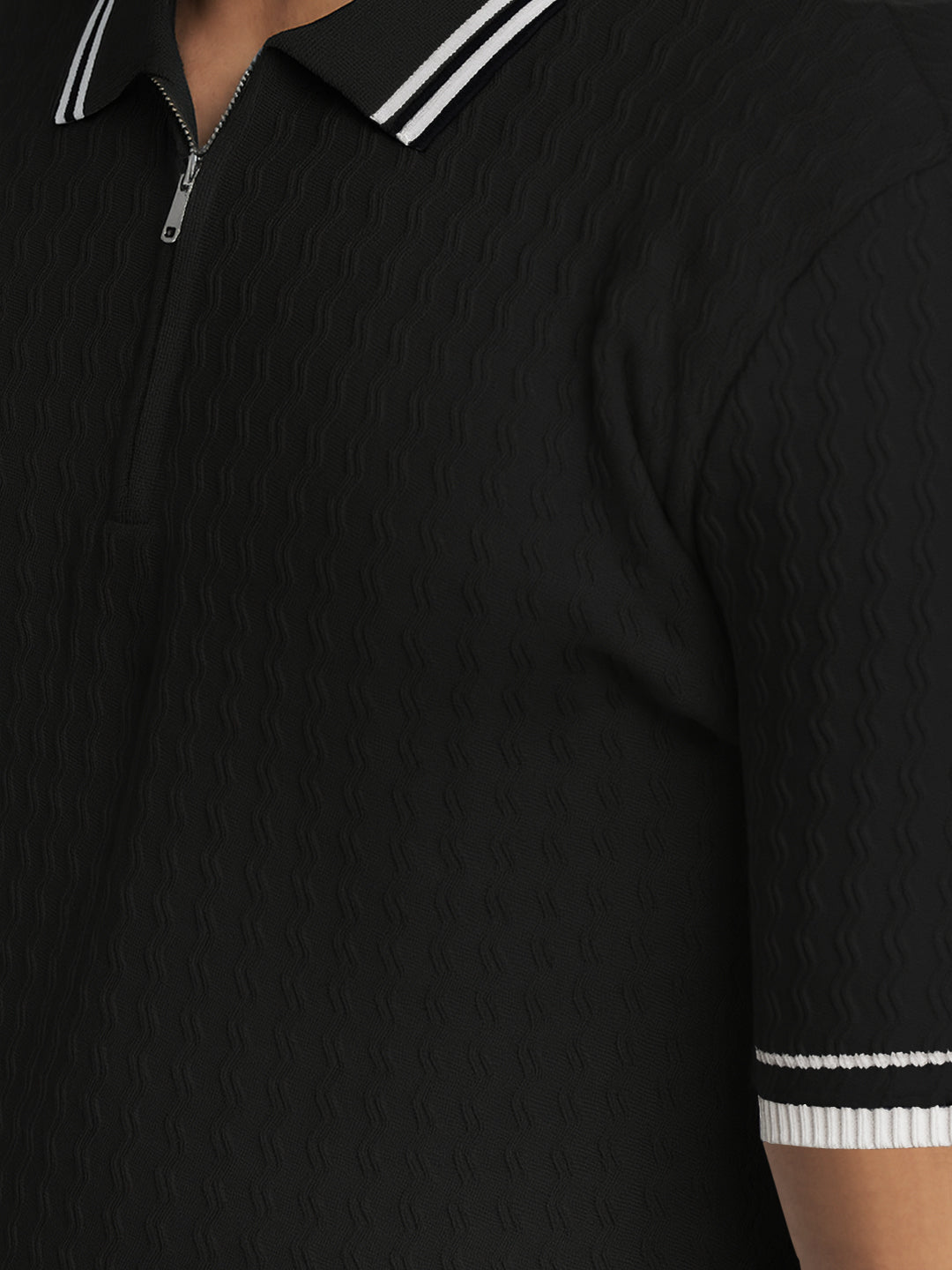Men’s Textured Black Short Sleeve Polo T-Shirt with Contrast Zip Details