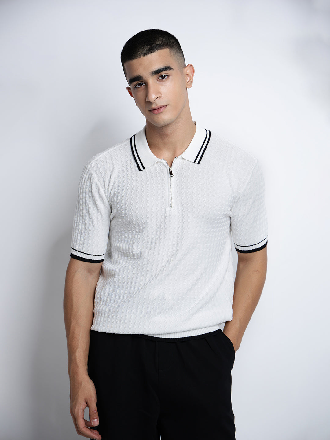 Men’s Textured White Short Sleeve Polo T-Shirt with Contrast Zip Details