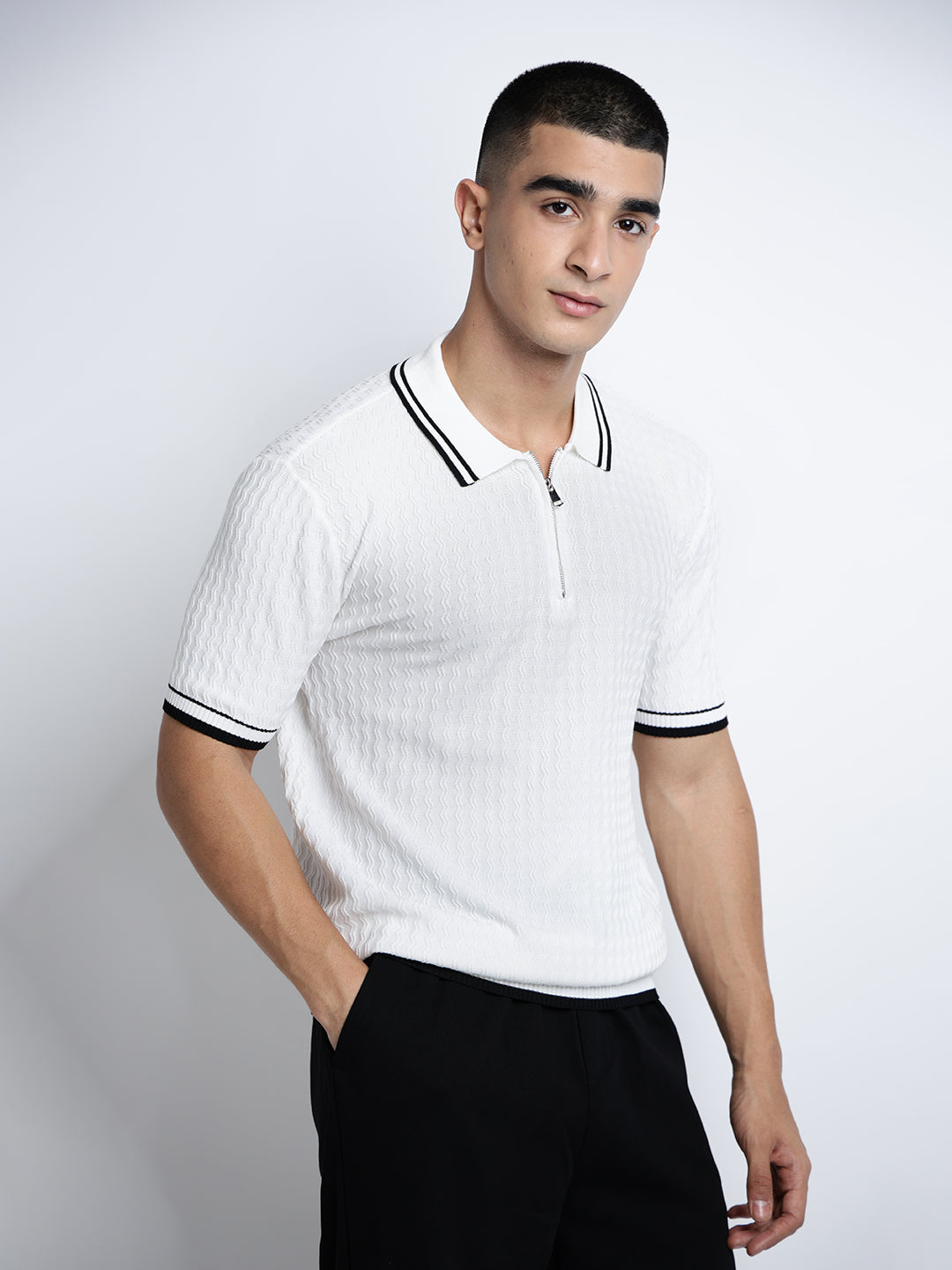 Men’s Textured White Short Sleeve Polo T-Shirt with Contrast Zip Details