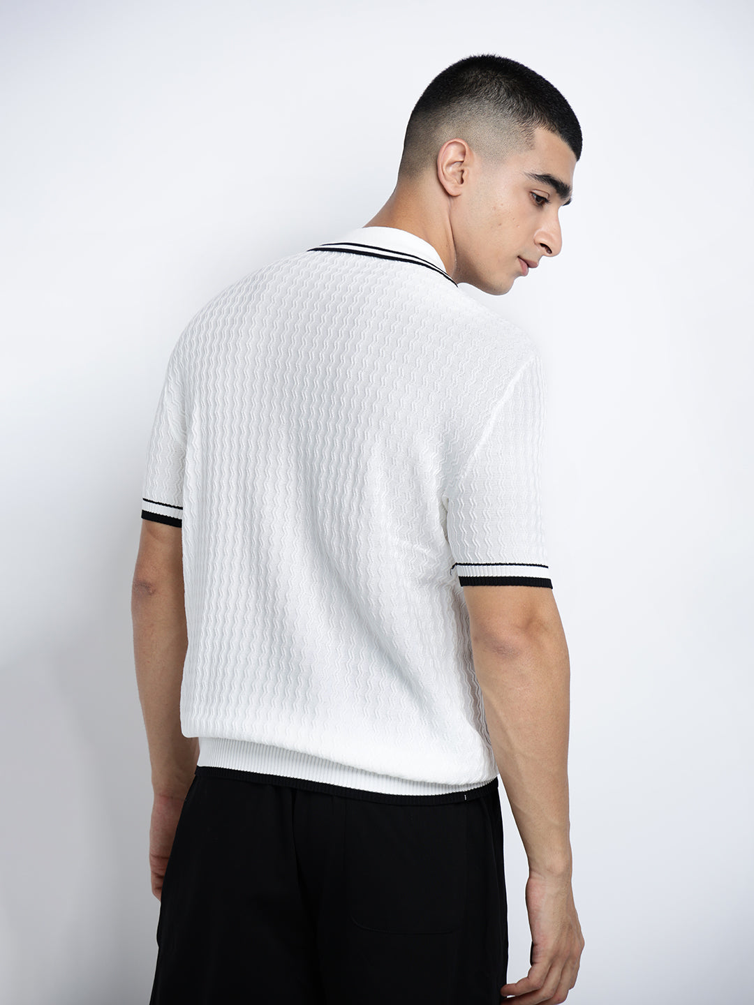 Men’s Textured White Short Sleeve Polo T-Shirt with Contrast Zip Details