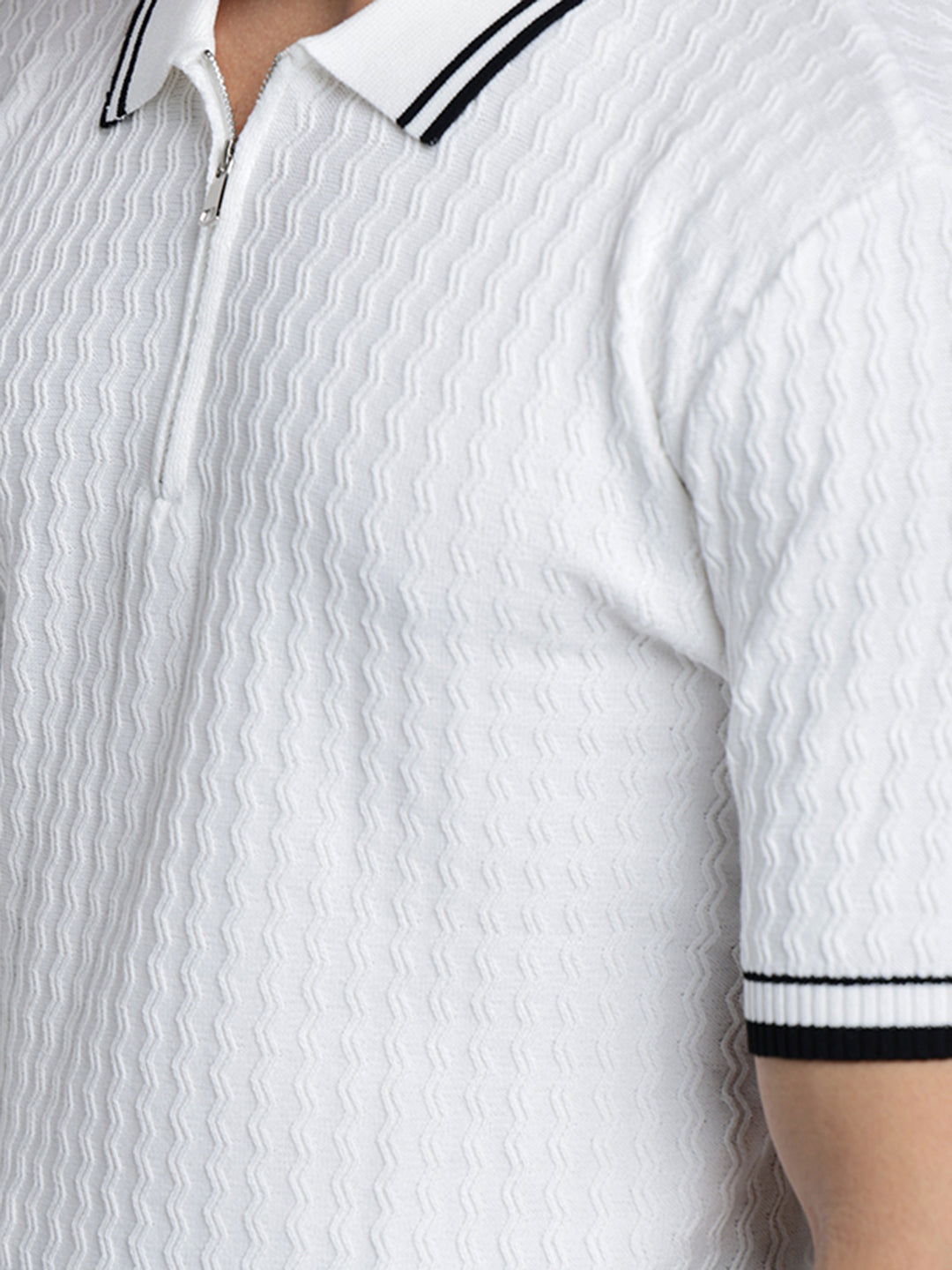 Men’s Textured White Short Sleeve Polo T-Shirt with Contrast Zip Details