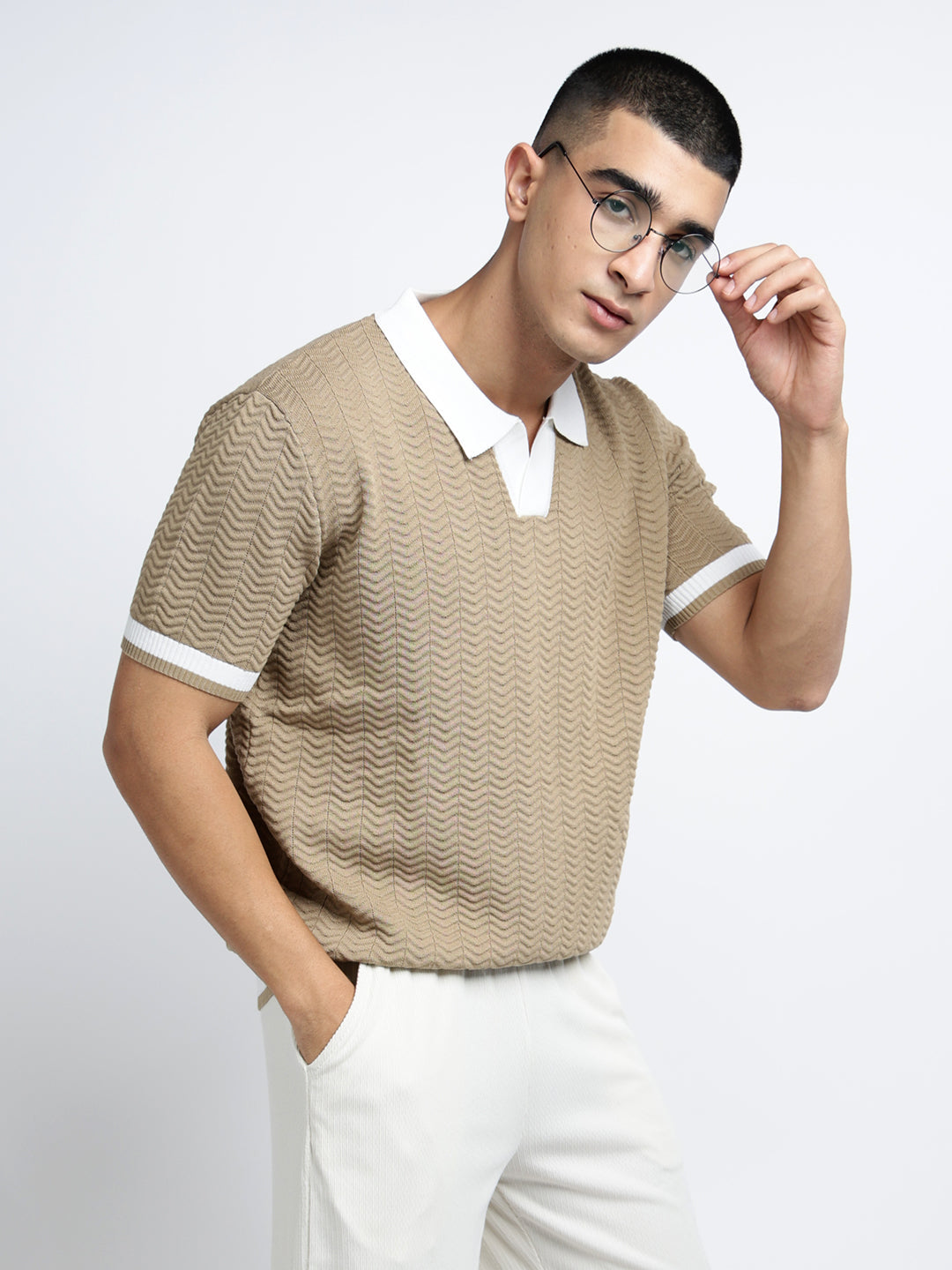 Men’s Textured Beige Short Sleeve Polo T-Shirt with Contrast Collar