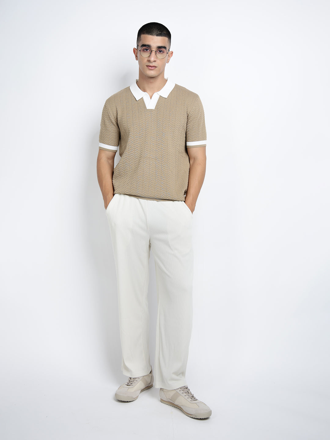 Men’s Textured Beige Short Sleeve Polo T-Shirt with Contrast Collar