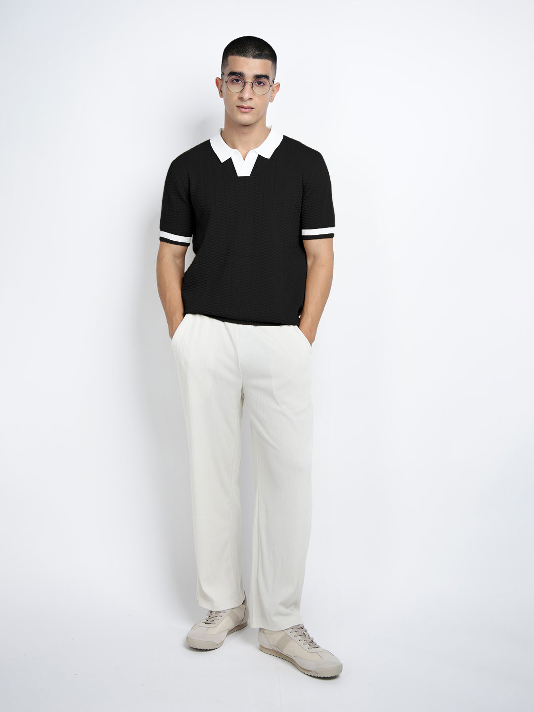 Men's Textured Black Short Sleeve Polo T-Shirt with Contrast Collar