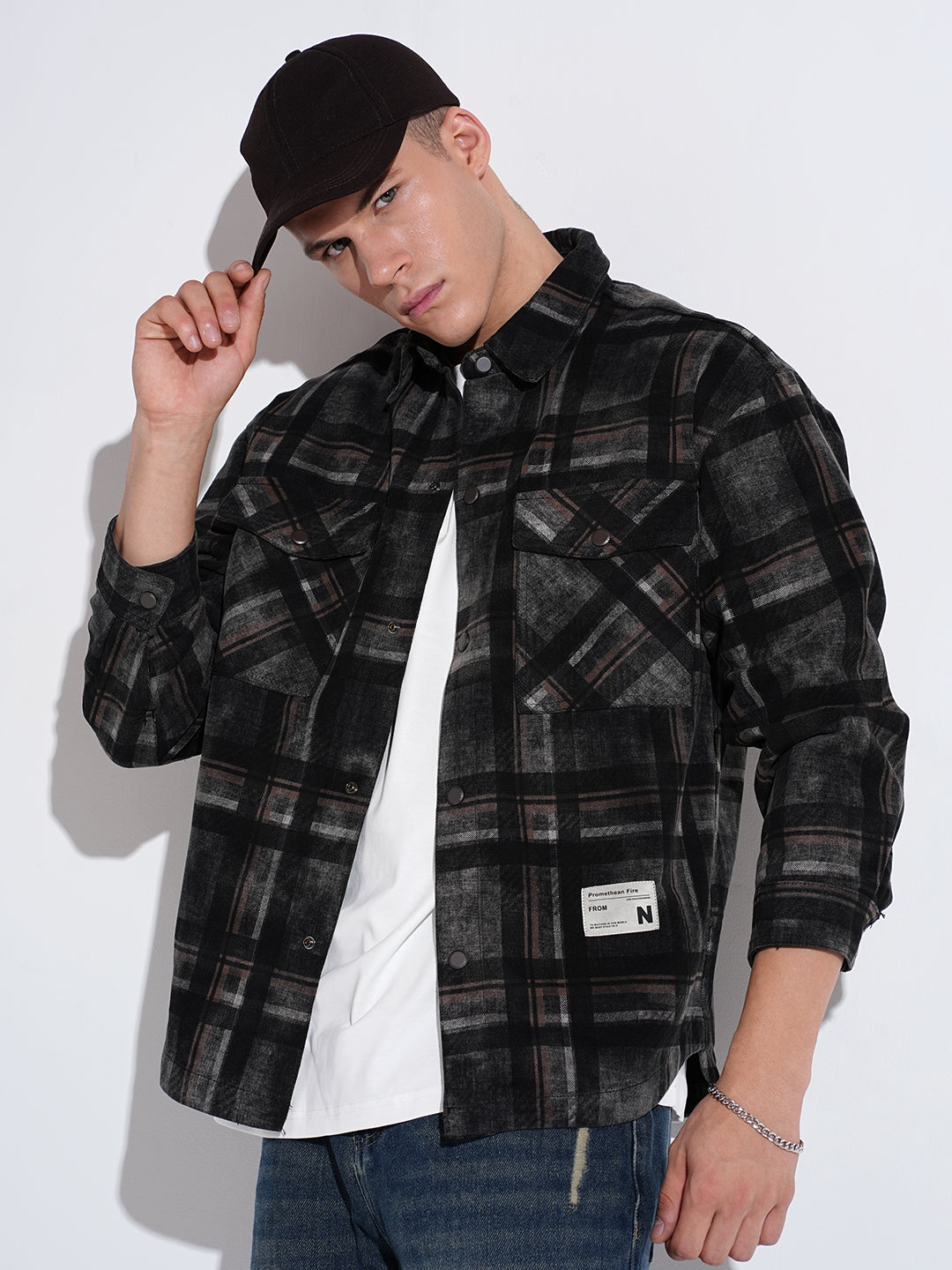 Men's Checked Black Button Down Shacket