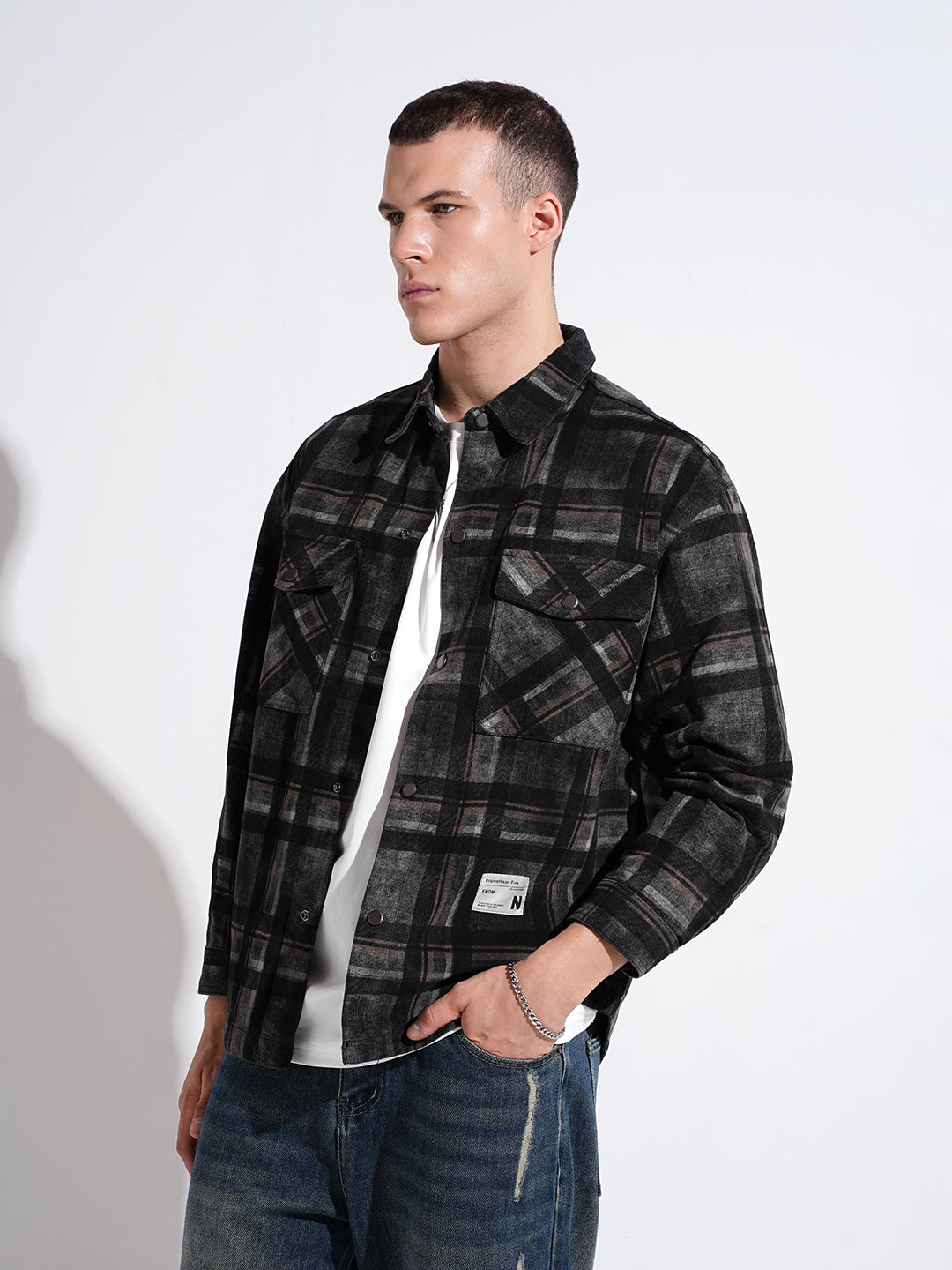 Men's Checked Black Button Down Shacket