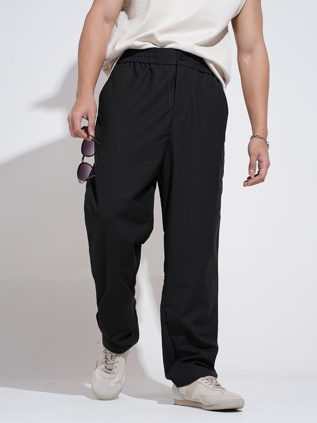 Men's Black Straight Fit Trousers with Elasticated Waist