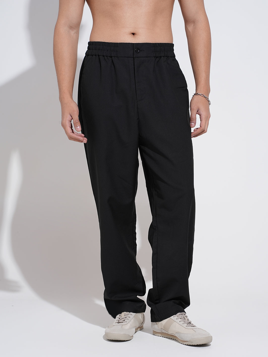 Men's Black Straight Fit Trousers with Elasticated Waist
