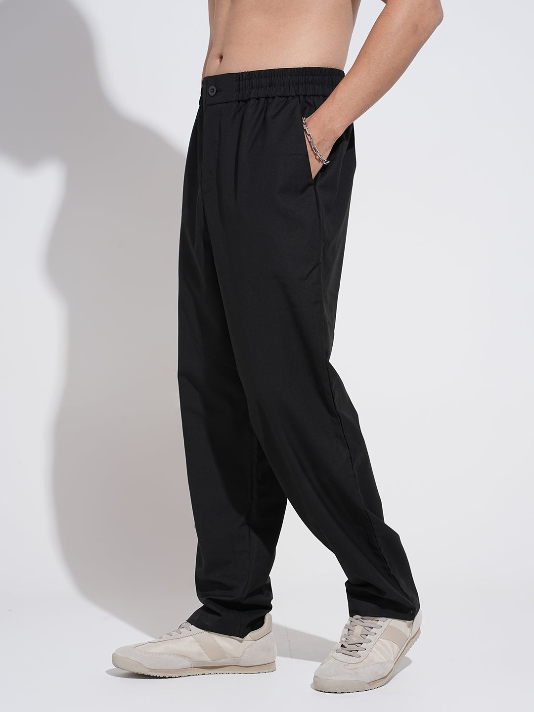 Men's Black Straight Fit Trousers with Elasticated Waist