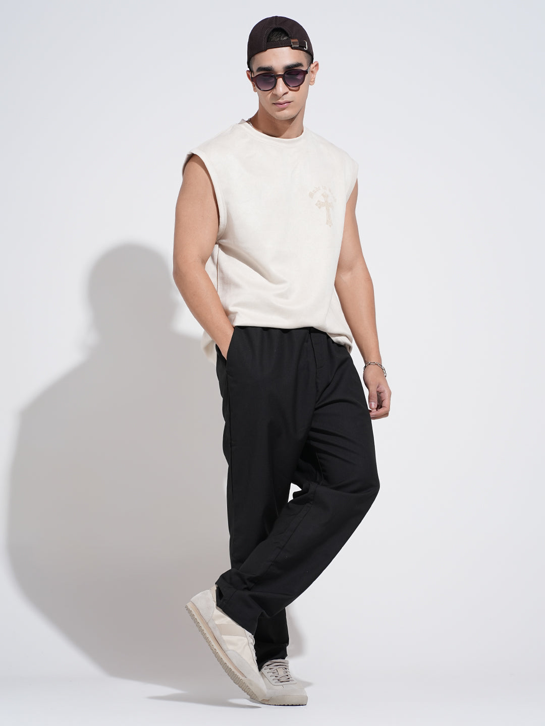 Men's Black Straight Fit Trousers with Elasticated Waist