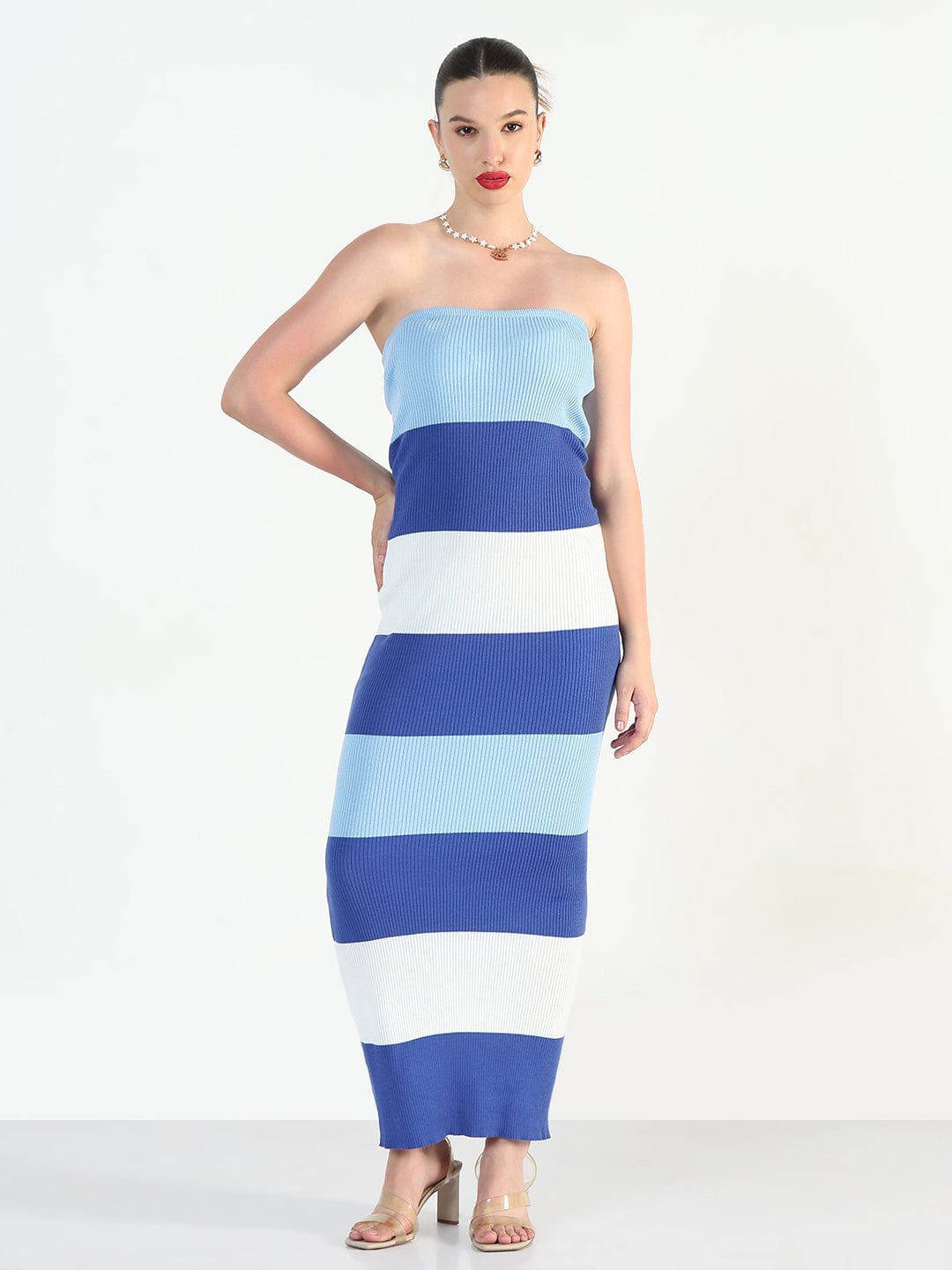 Women's Ribbed Striped Blue Bandeau Bodycon Dresses