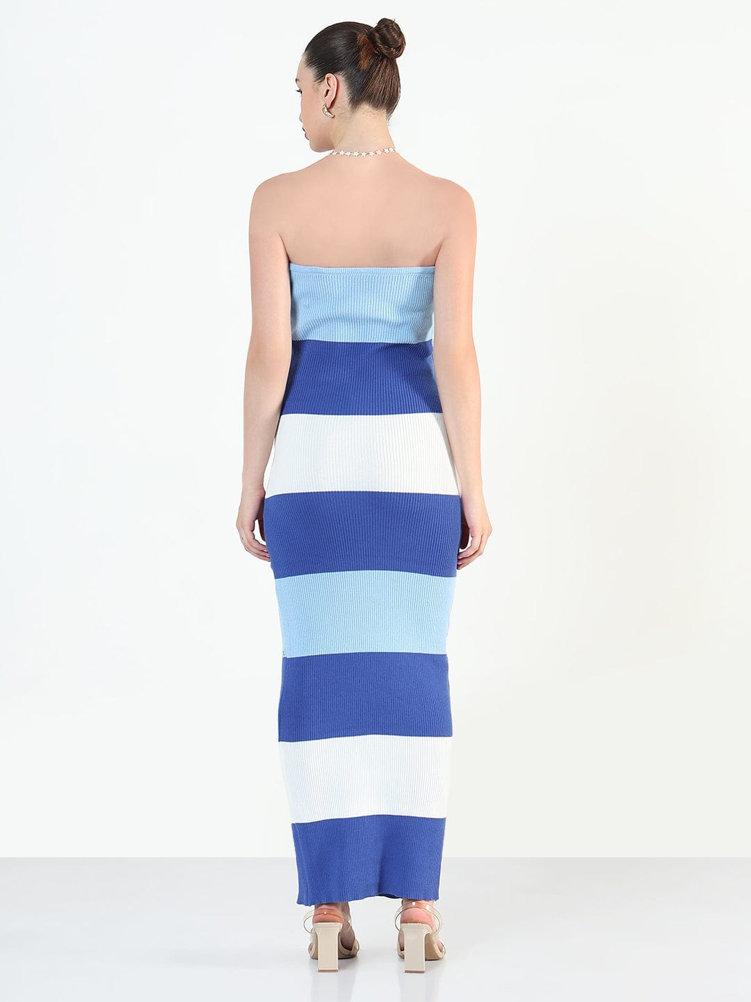 Women's Ribbed Striped Blue Bandeau Bodycon Dresses
