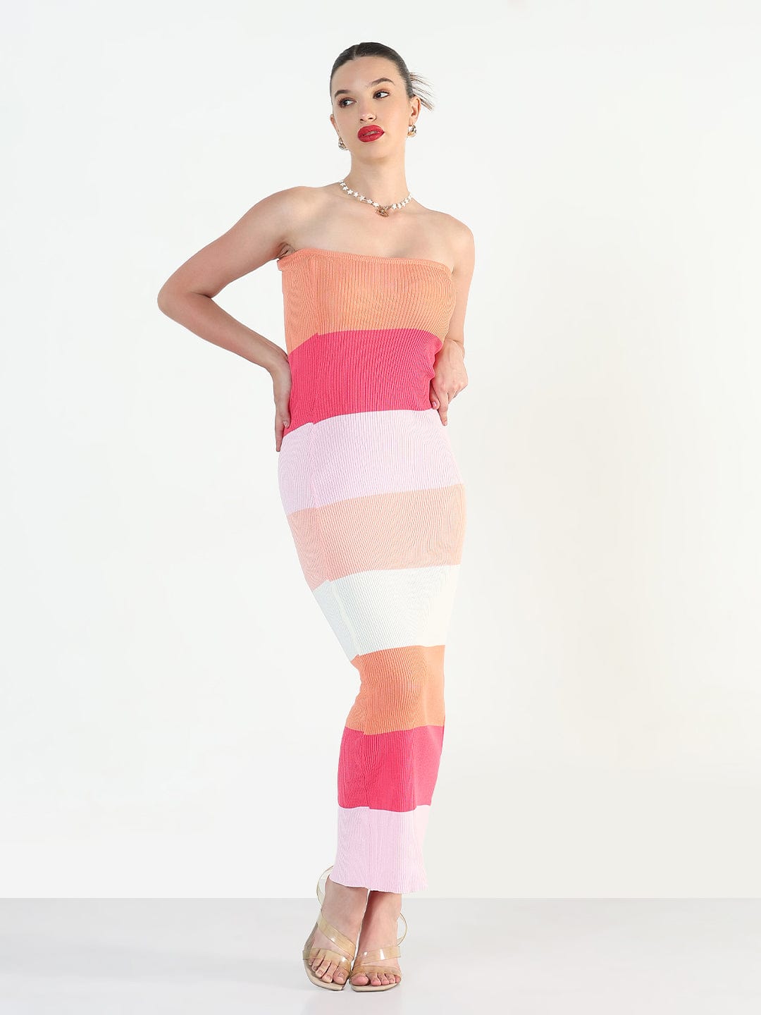 Women's Ribbed Striped Pink Bandeau Bodycon Dresses