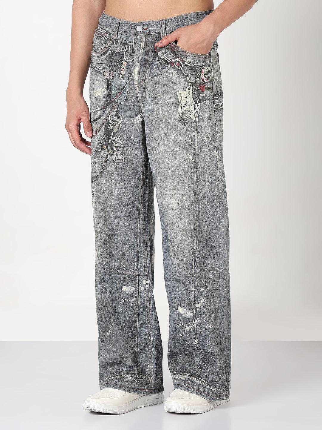Men's Blue Graphic Print Wide Leg Jeans
