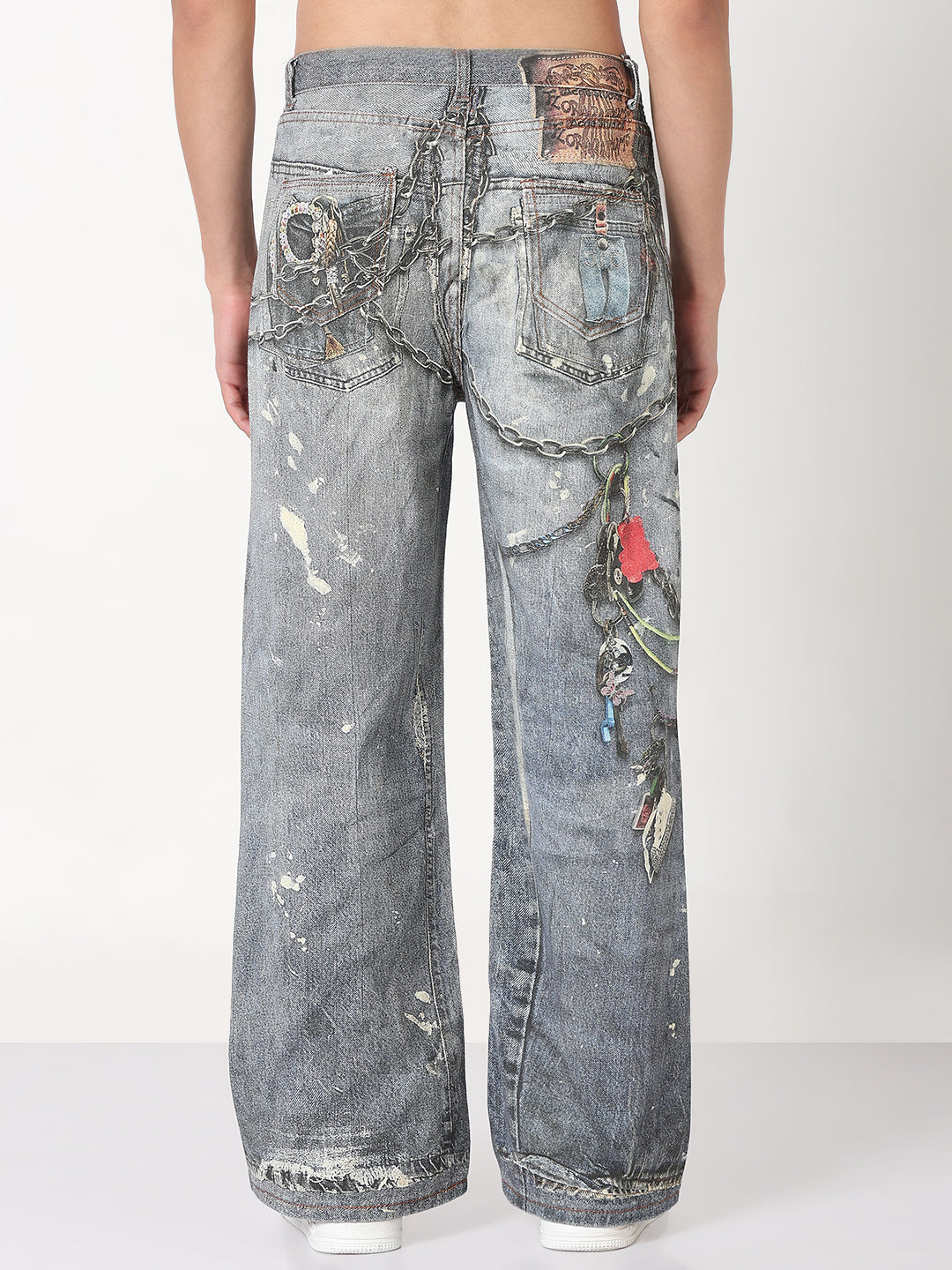 Men's Blue Graphic Print Wide Leg Jeans