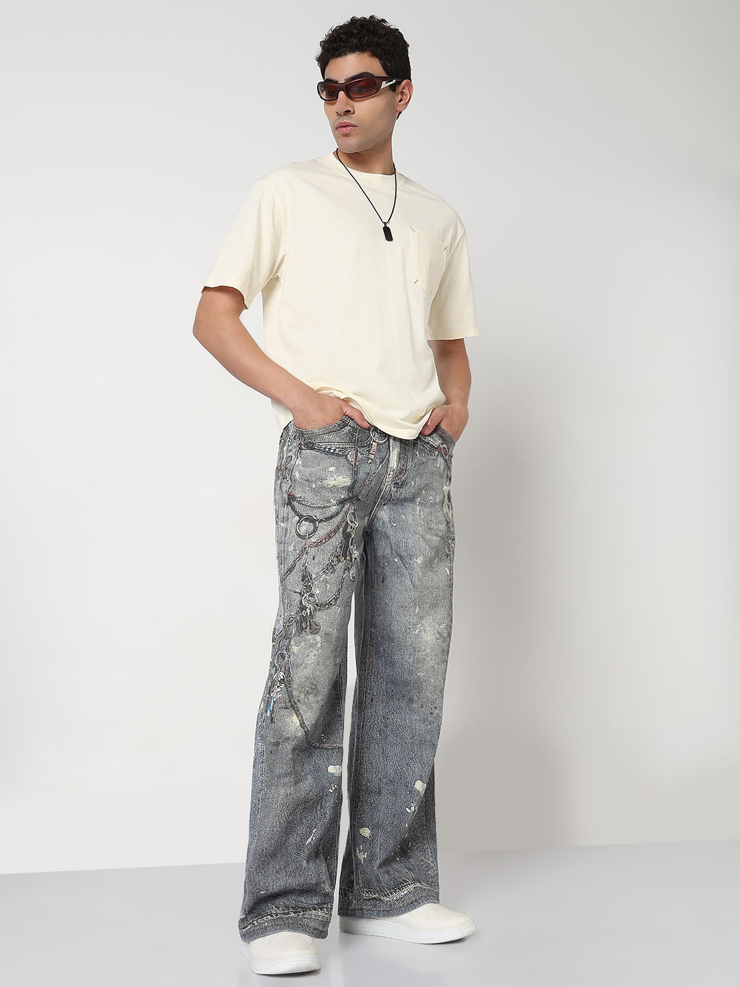 Men's Blue Graphic Print Wide Leg Jeans