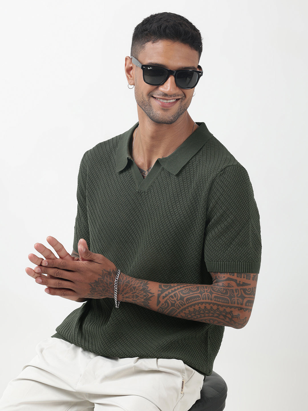 Men's Textured Green Knitted Polo T-Shirt