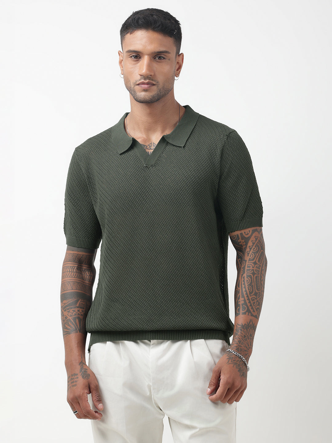Men's Textured Green Knitted Polo T-Shirt