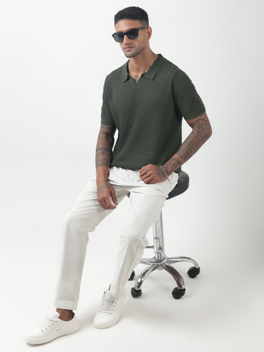 Men's Textured Green Knitted Polo T-Shirt