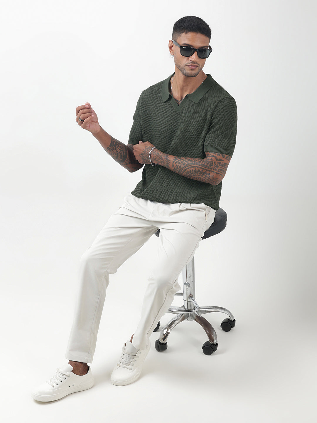 Men's Textured Green Knitted Polo T-Shirt