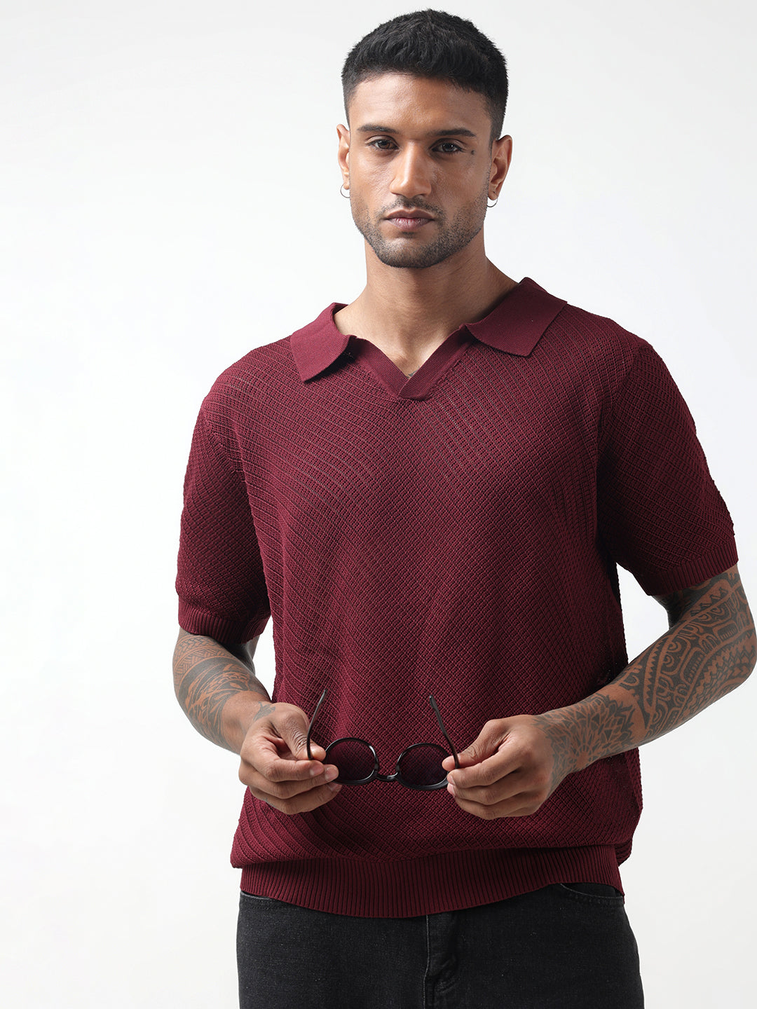 Men's Textured Green Maroon Polo T-Shirt