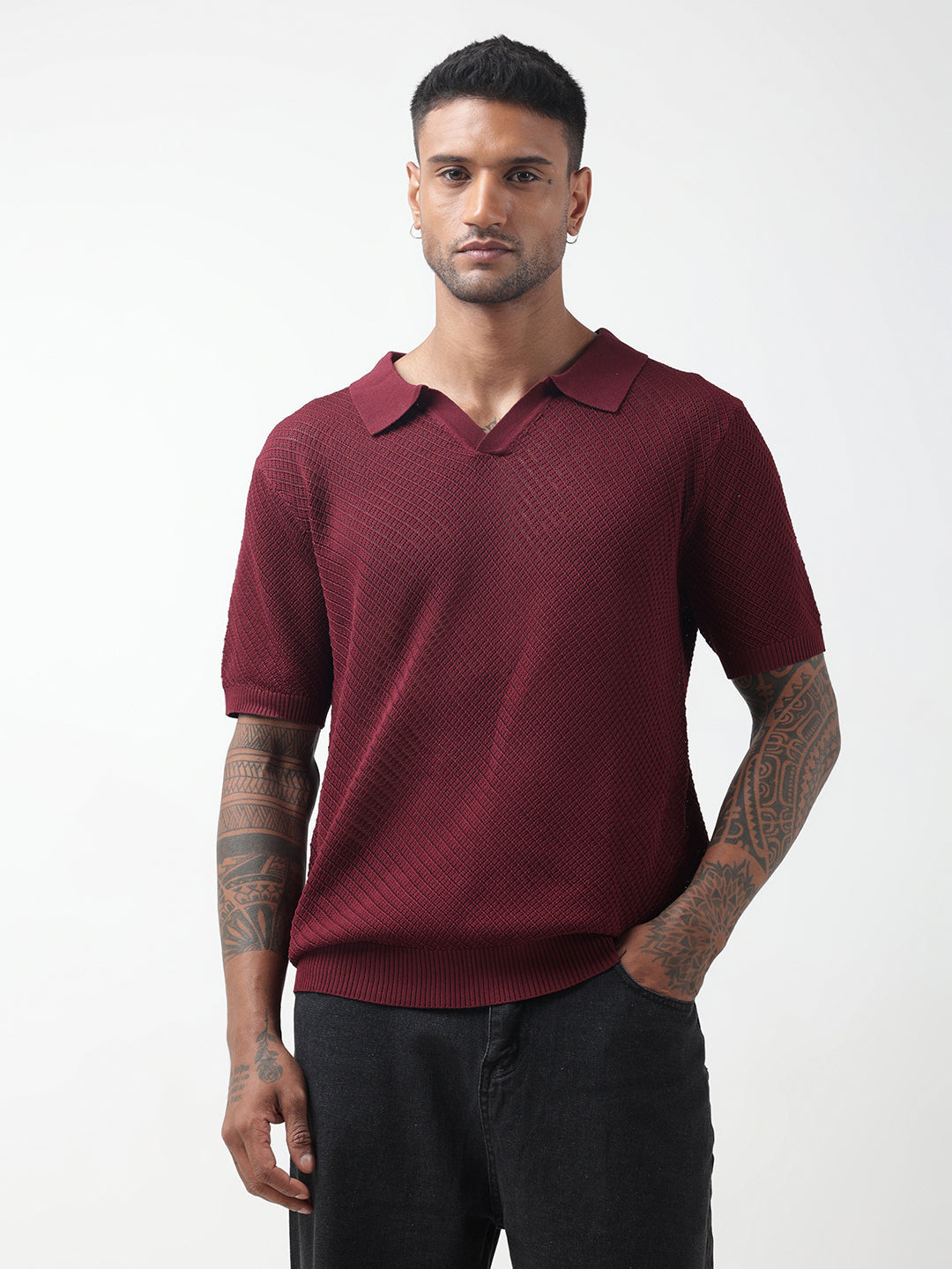 Men's Textured Green Maroon Polo T-Shirt