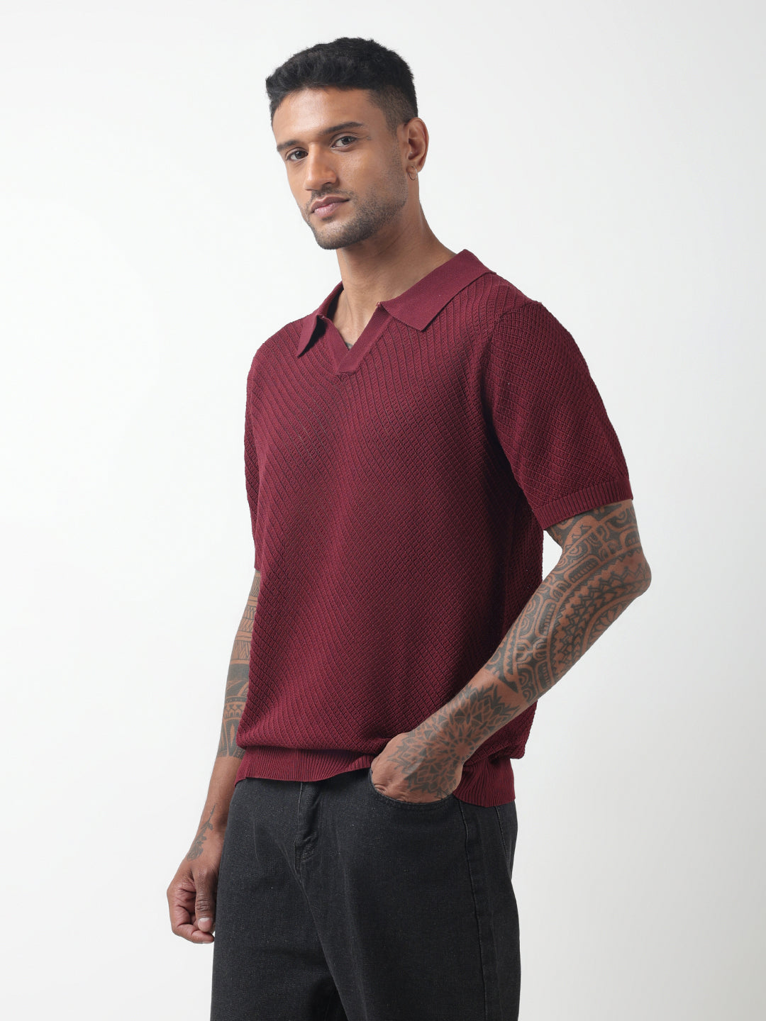 Men's Textured Green Maroon Polo T-Shirt