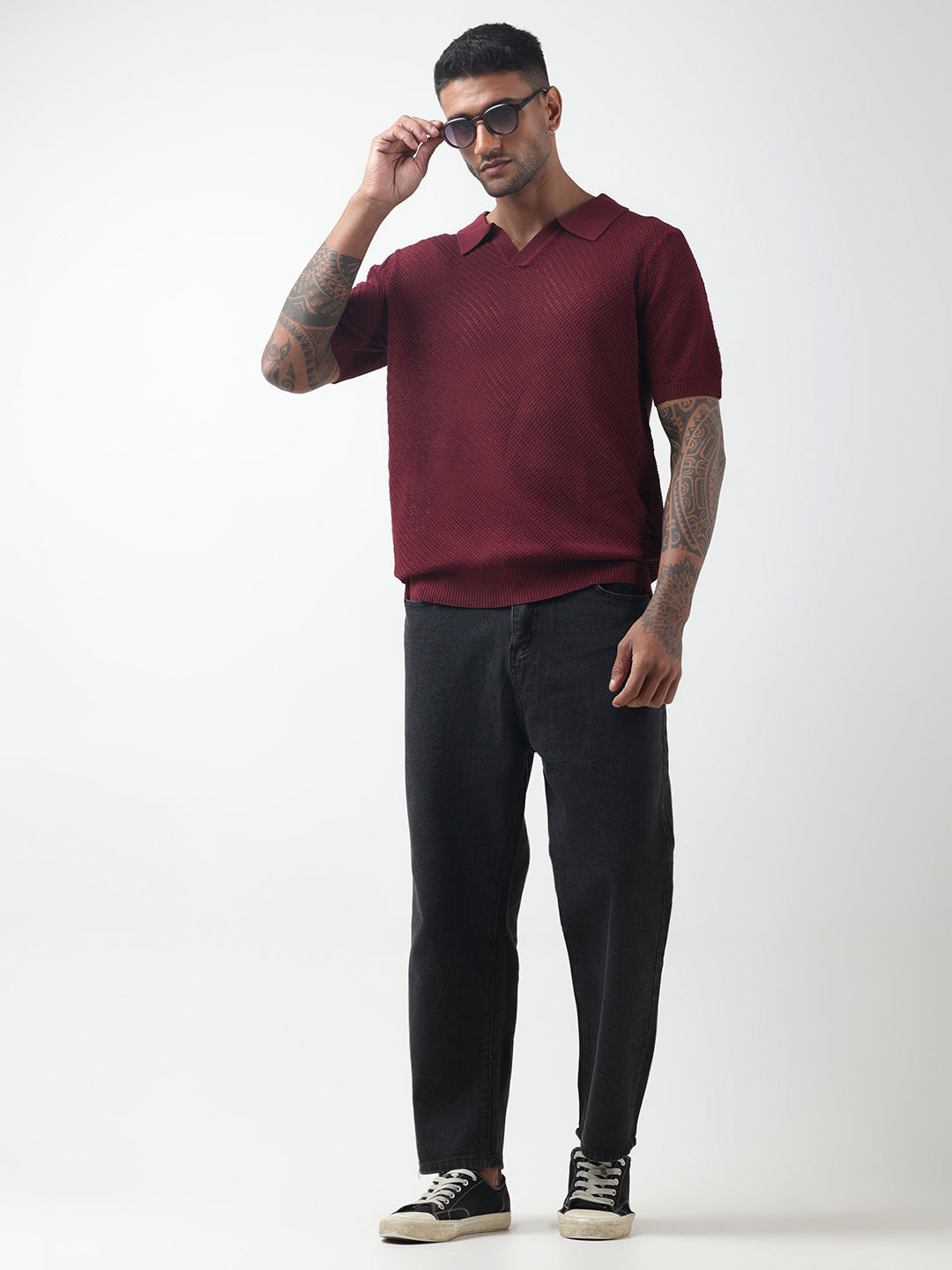 Men's Textured Green Maroon Polo T-Shirt