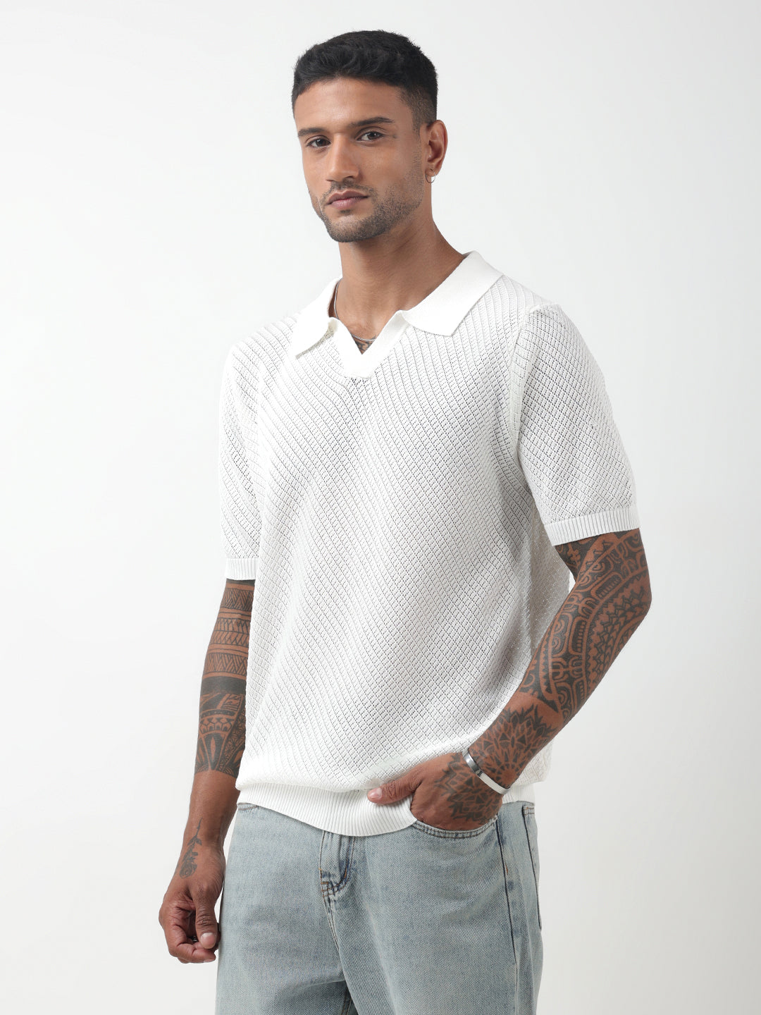 Men's Textured White Polo T-Shirt