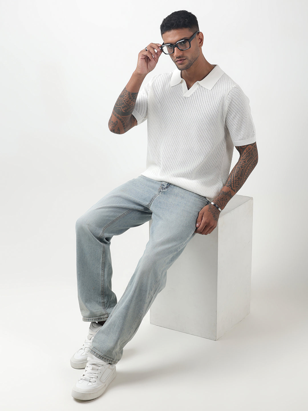 Men's Textured White Polo T-Shirt