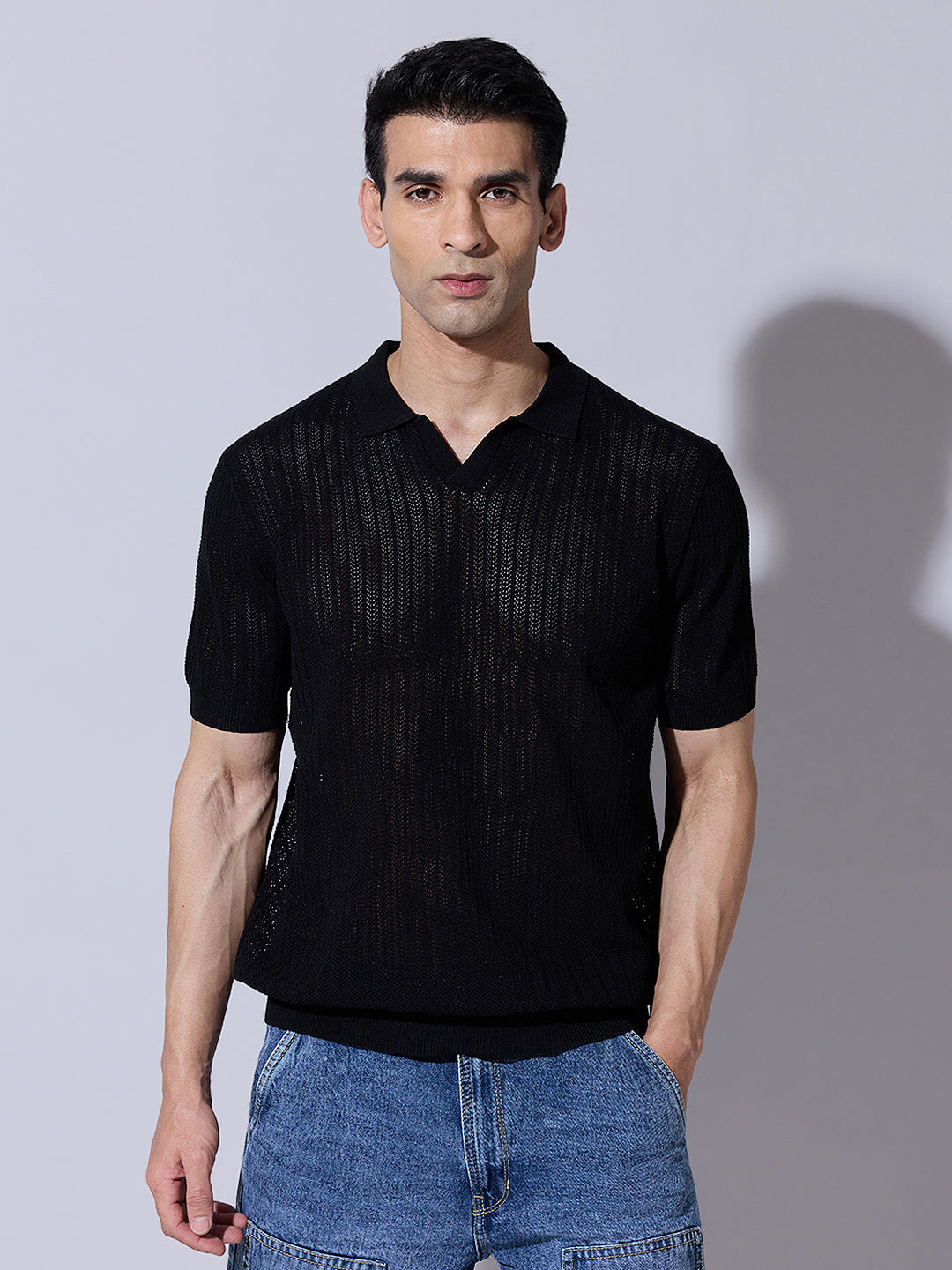 Men's Textured Black Polo T-Shirt