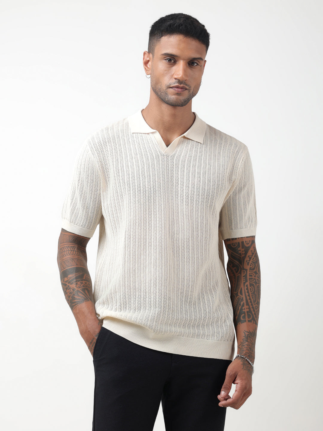 Men's Textured Cream White Polo T-Shirt