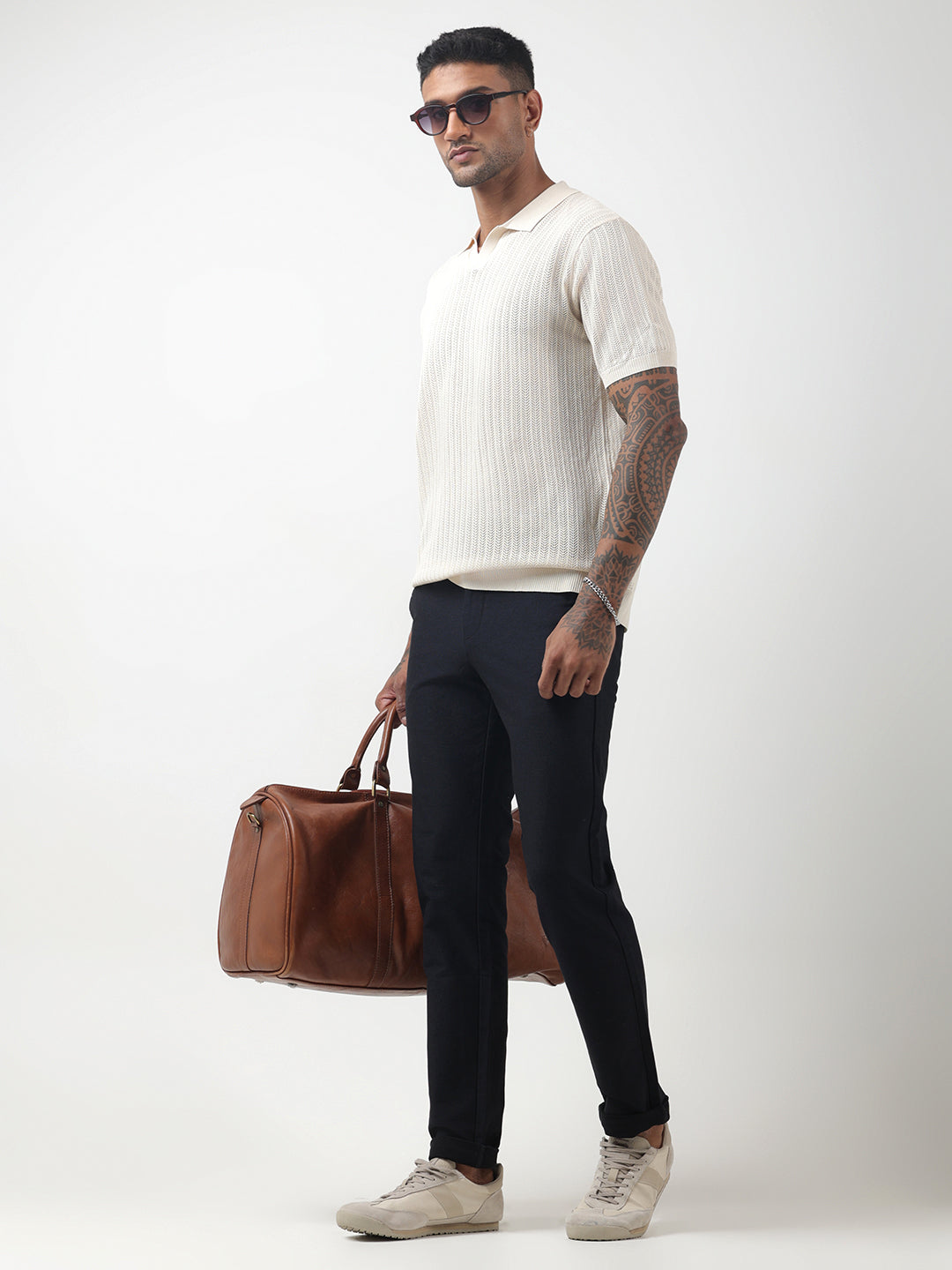 Men's Textured Cream White Polo T-Shirt