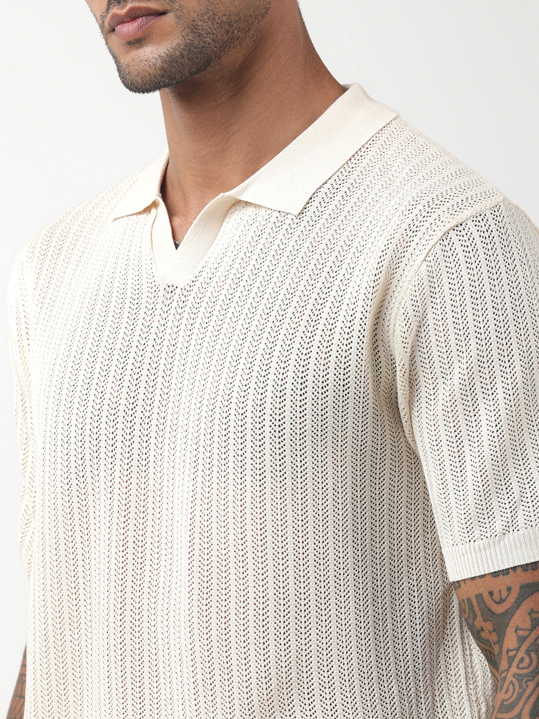 Men's Textured Cream White Polo T-Shirt