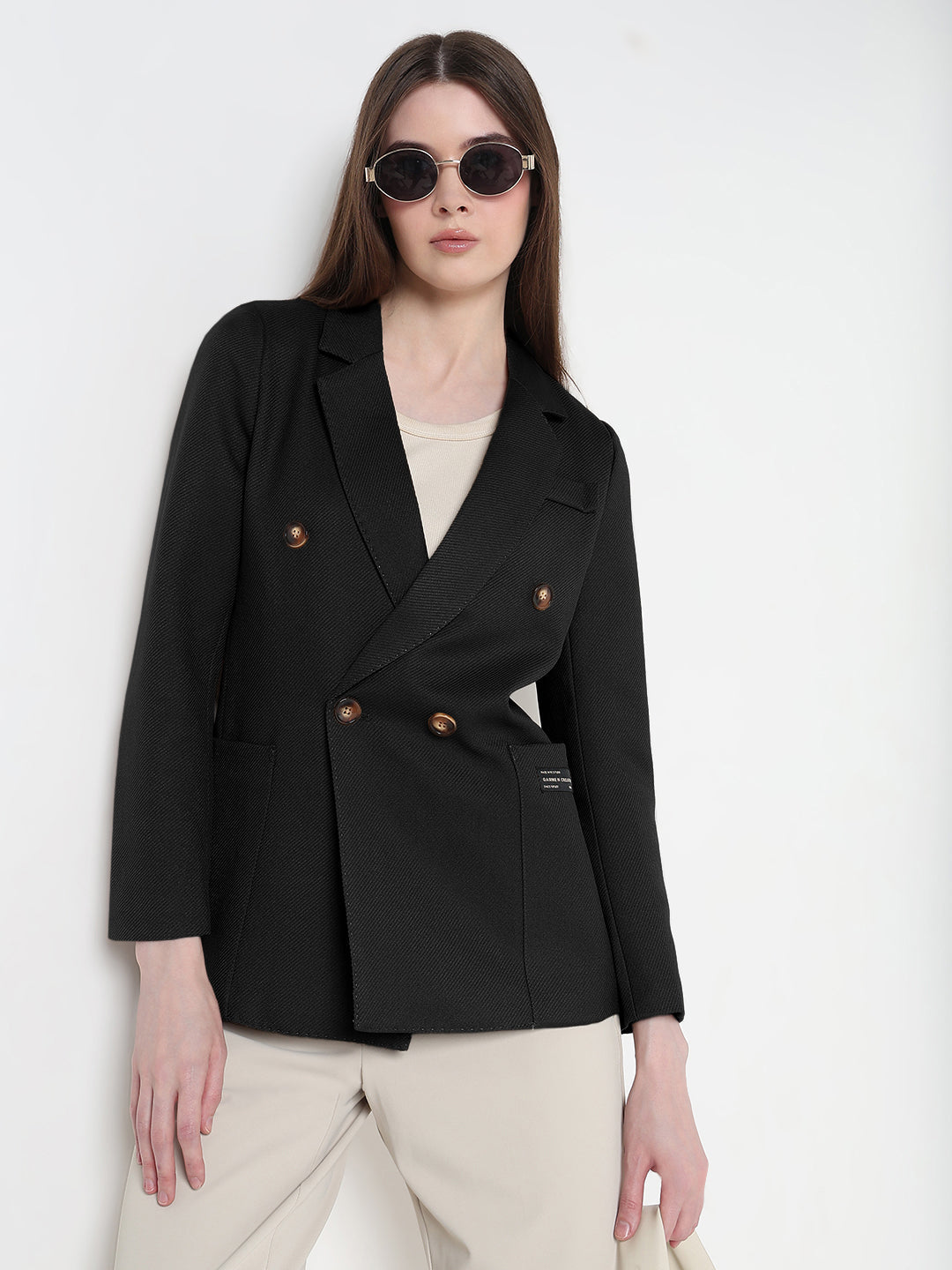 Women's Black Tailores Double Breasted Textured Blazer